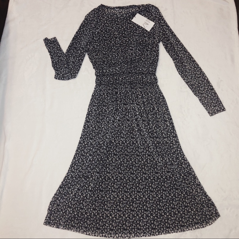 Zara pleated sleeve midi black floral dress NWT